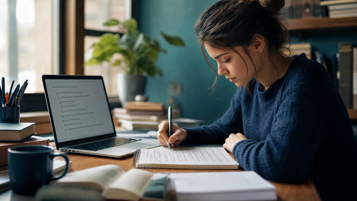 Student studying for English proficiency exams